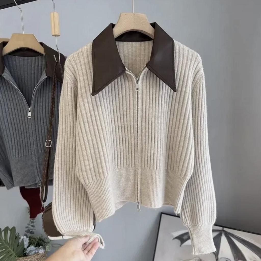 Premium lapel sweater jacket women's autumn and winter new zipper short outer wear temperament knitted cardigan top