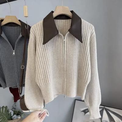 Premium Lapel Sweater Jacket Women's Autumn and Winter New Zipper Short Outer Wear Temperament Knitted Cardigan Top