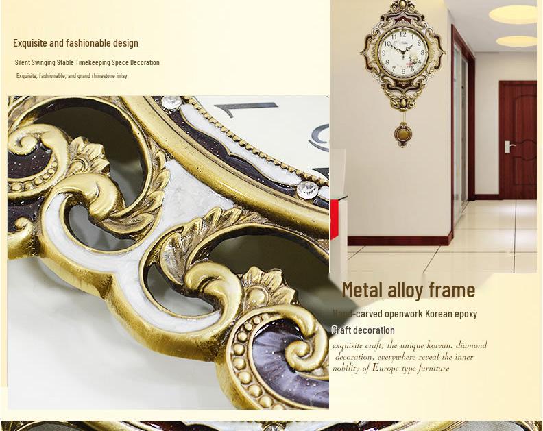 European Modern Large Silent Wall Clock with Metal Pendulum - Antique Quartz, Simple and Creative Design for Living Room