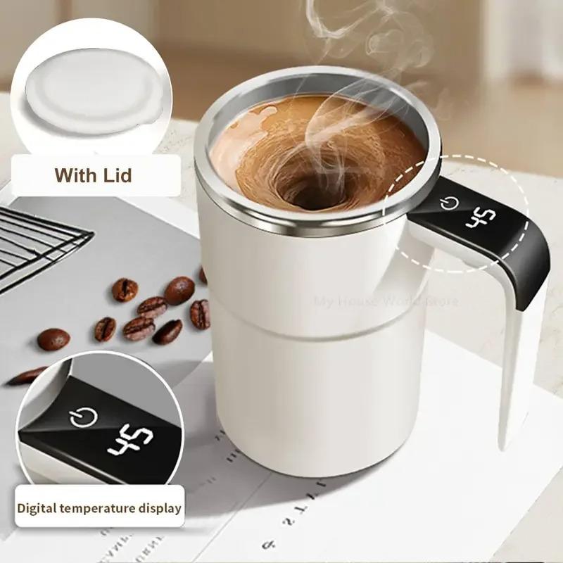 Automatic Stirring Mug with LED Temperature Display, Rechargeable Magnetic Coffee Cup with Lid - 12oz for Home or Office.