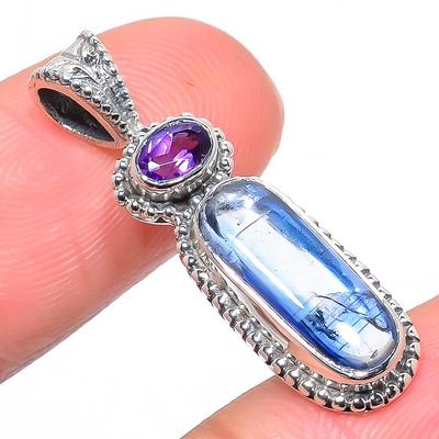 Natural Kyanite, Amethyst Gemstone 925 Solid Sterling Silver Pendant 1.26" N0I03