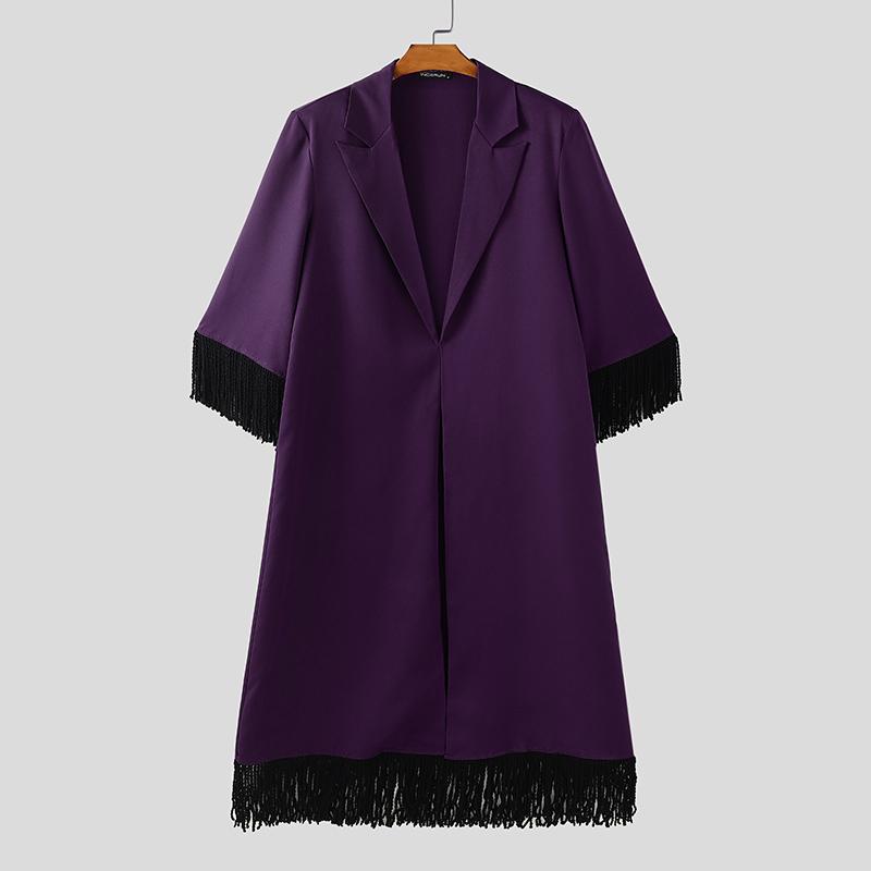 INCERUN Men Lapel Neck Long Sleeve Open Front Tassel Long Blazer Coats