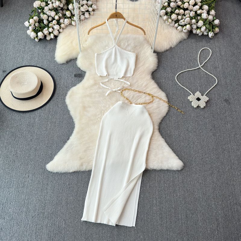 Seaside Vacation Hanging Neck Dress Women Spring Backless Mature Royal Sister Temperament Beautiful Chic Beautiful Set Skirts