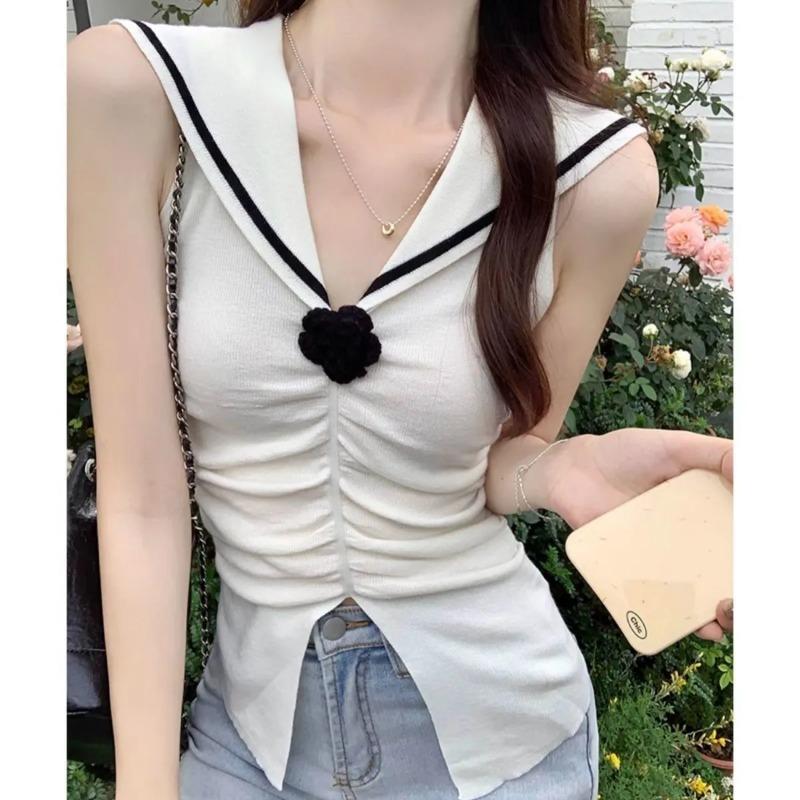 Summer New Women's Sweet Navy Collar Sleeveless Knitted Vest Slim Fit Top