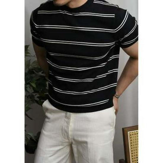 Korean Style Slim Fit Men's Striped Ice Silk T-Shirt