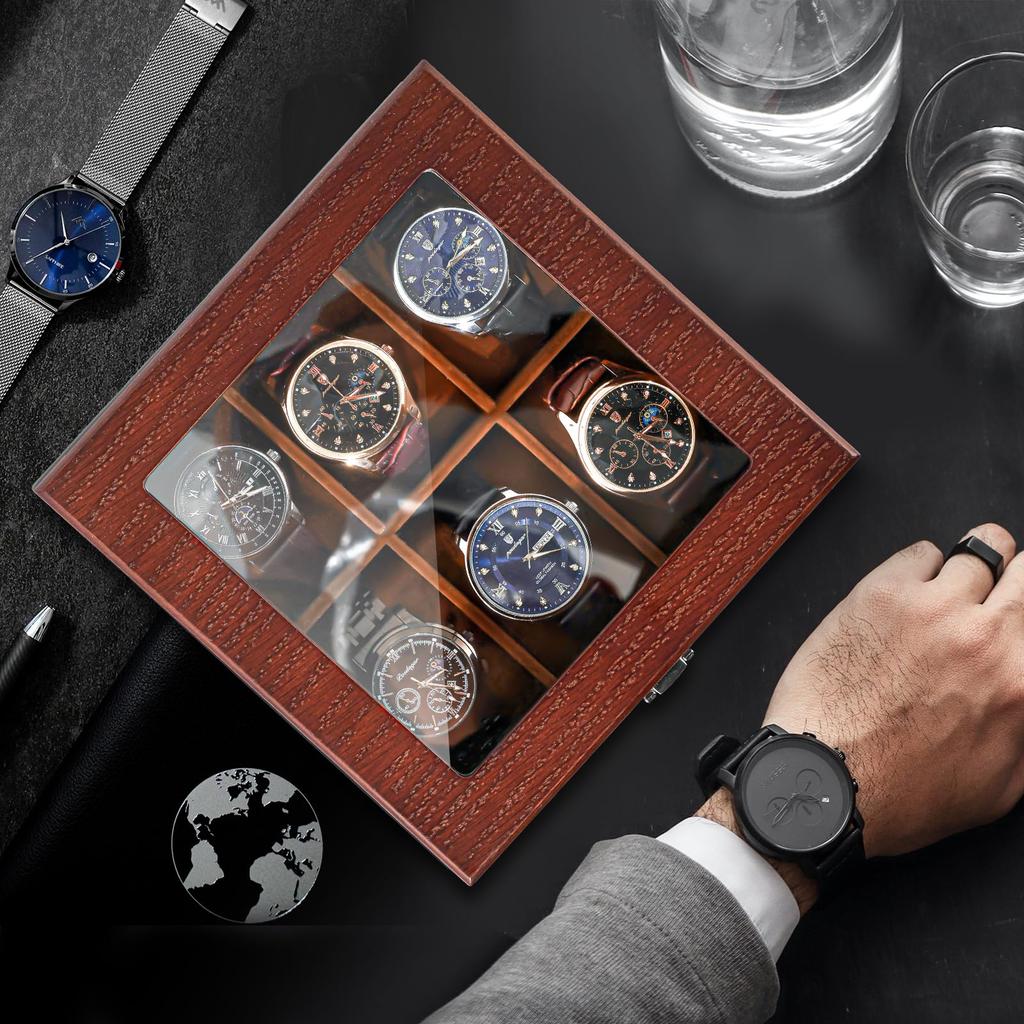 ProCase Wooden Watch Lacquer with Glass Display Day Gift Men's Box, 6-Slot, Finish, Top, Two-Tier Case, Father's (Espresso)