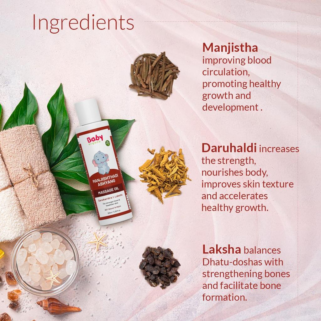BabyOrgano® Manjishthadi Abhyang Baby Massage Oil for Newborns (0-2 Yrs) – Strengthens Bones & Muscles, Made with Manjistha & Daruhaldi, Toxin - 100ml