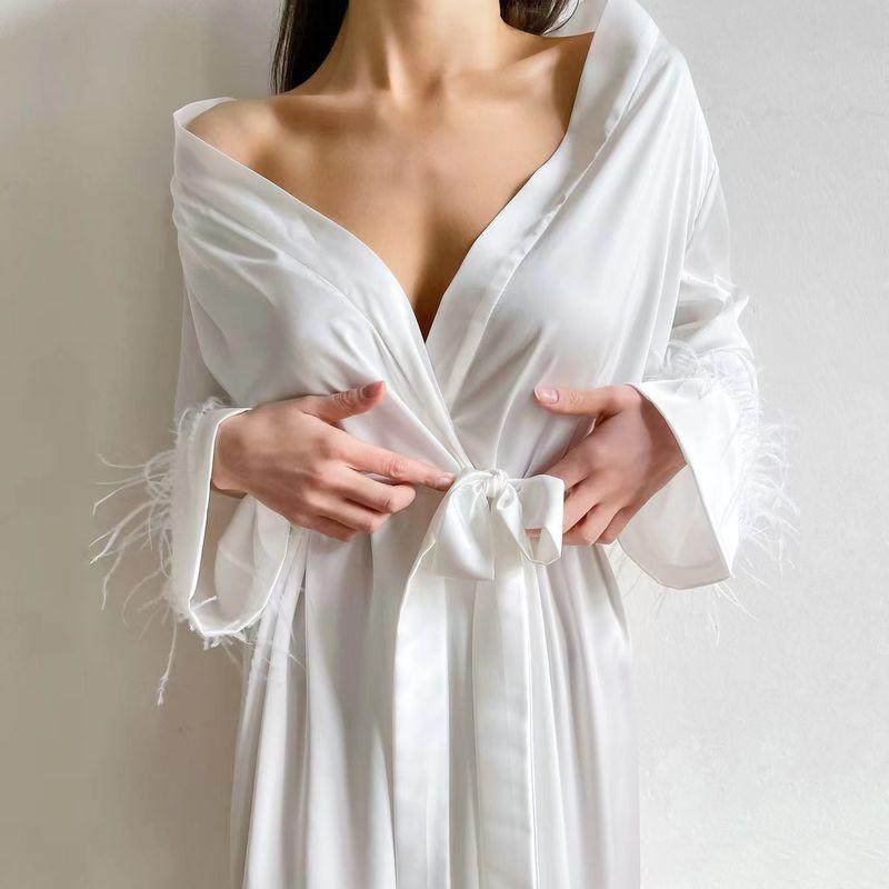 Fashion Wind Feather Long Sleeves Cardigan Ice Silk Dress Self-Tie Dress Cardigan Ice Silk Dress