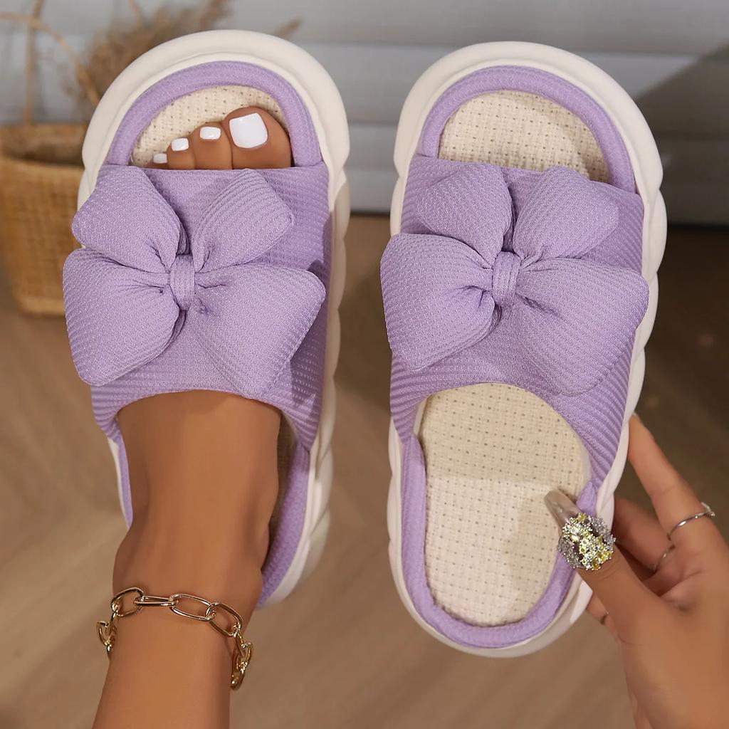 Fashion Cute Bowknot Platform House Slippers for Women Open Toe Linen Home Cotton Shoes Woman Winter Thick Sole Non Slip Indoor Slippers