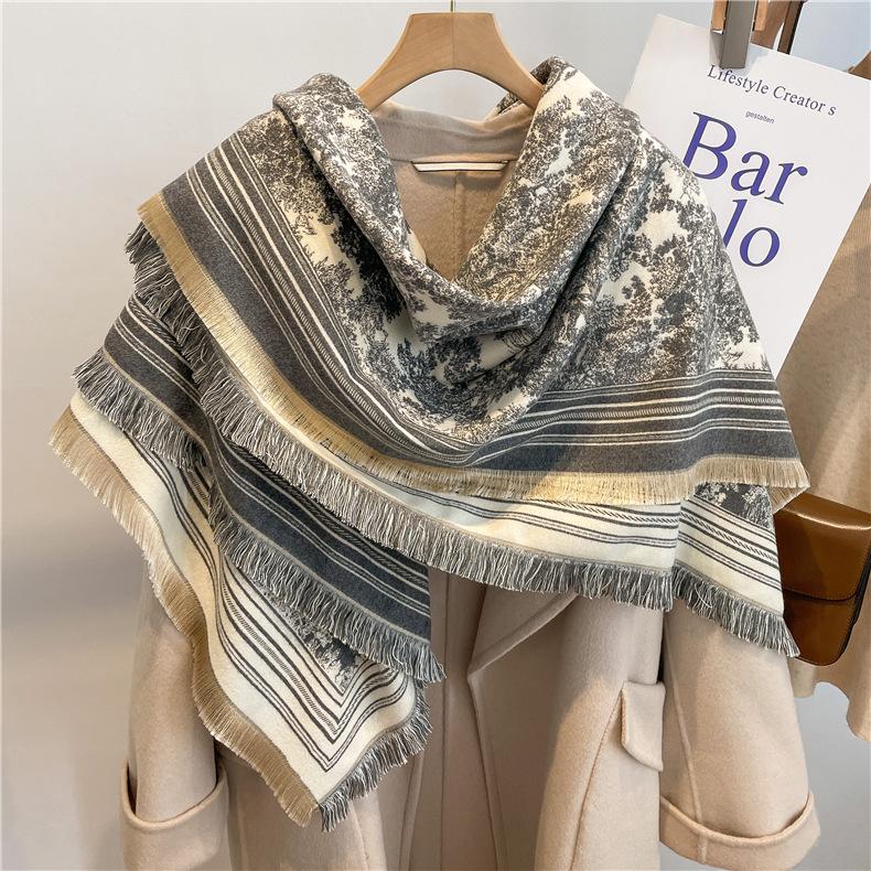 122*128cm Oversized  Imitation Cashmere Wrap with Tassels, Floral Travel Blanket Cape Pashmina Shawl for Women, Versatile scarf
