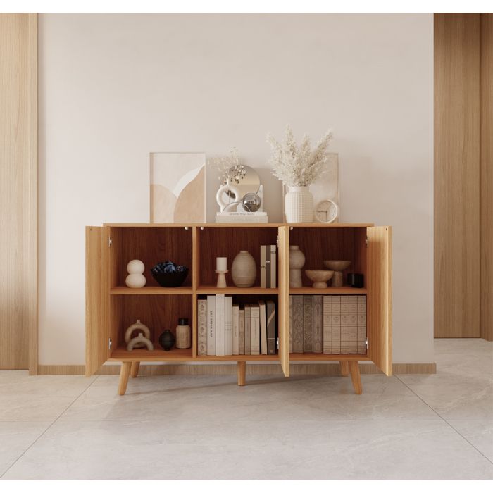Buffet Enfilade RENZO - Design 3D Strié - 3 Portes Push-to-Open - L 120 Cm - Chêne Alba Mat - Pieds 15 Cm - Style Scandinave