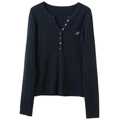 Sancai Damen V-Ausschnitt Bestickter Figurbetonter Langarm Strickpullover