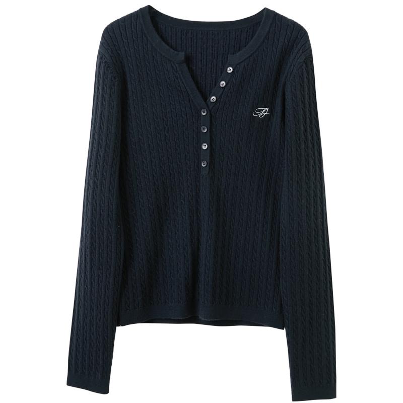 Sancai Women s V-Neck Embroidered Slim Fit Long Sleeve Knit Sweater M