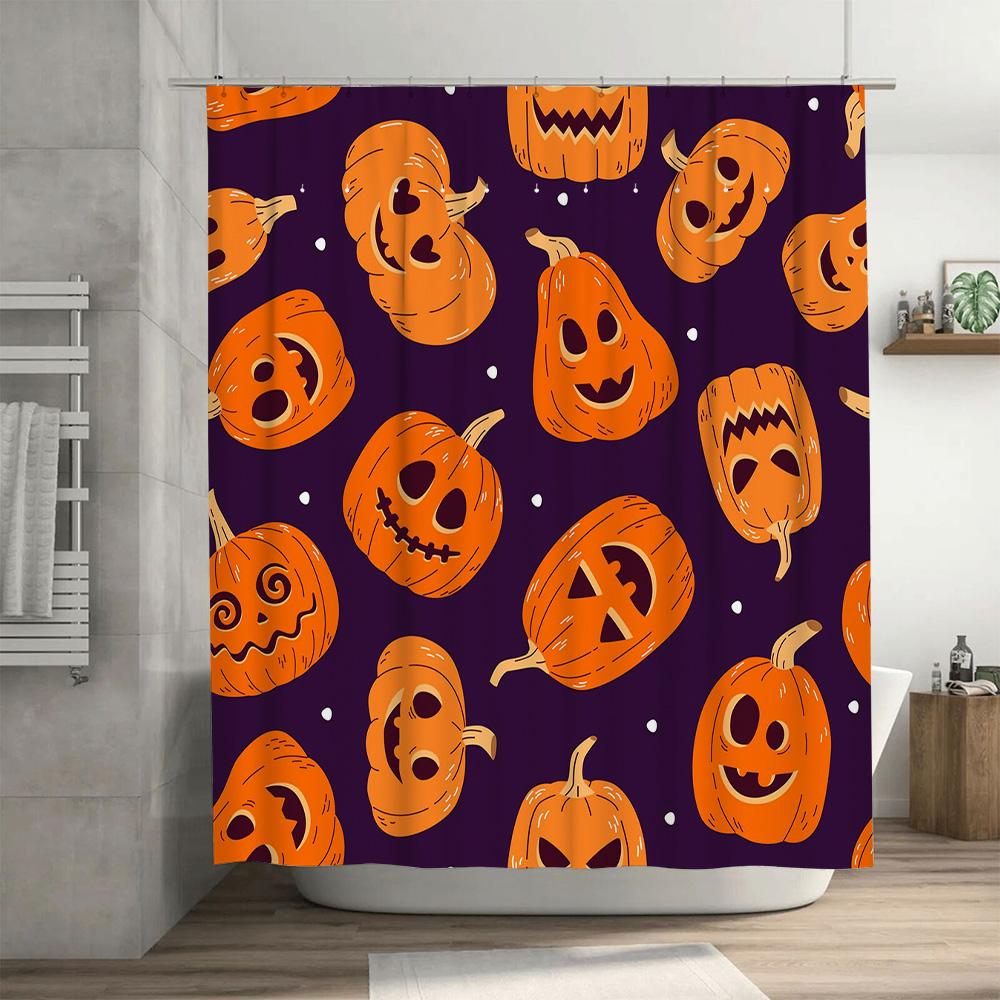 Purple Halloween-themed shower curtain with orange jack-o'-lanterns 3D printing technology for waterproof bathroom decorationAli