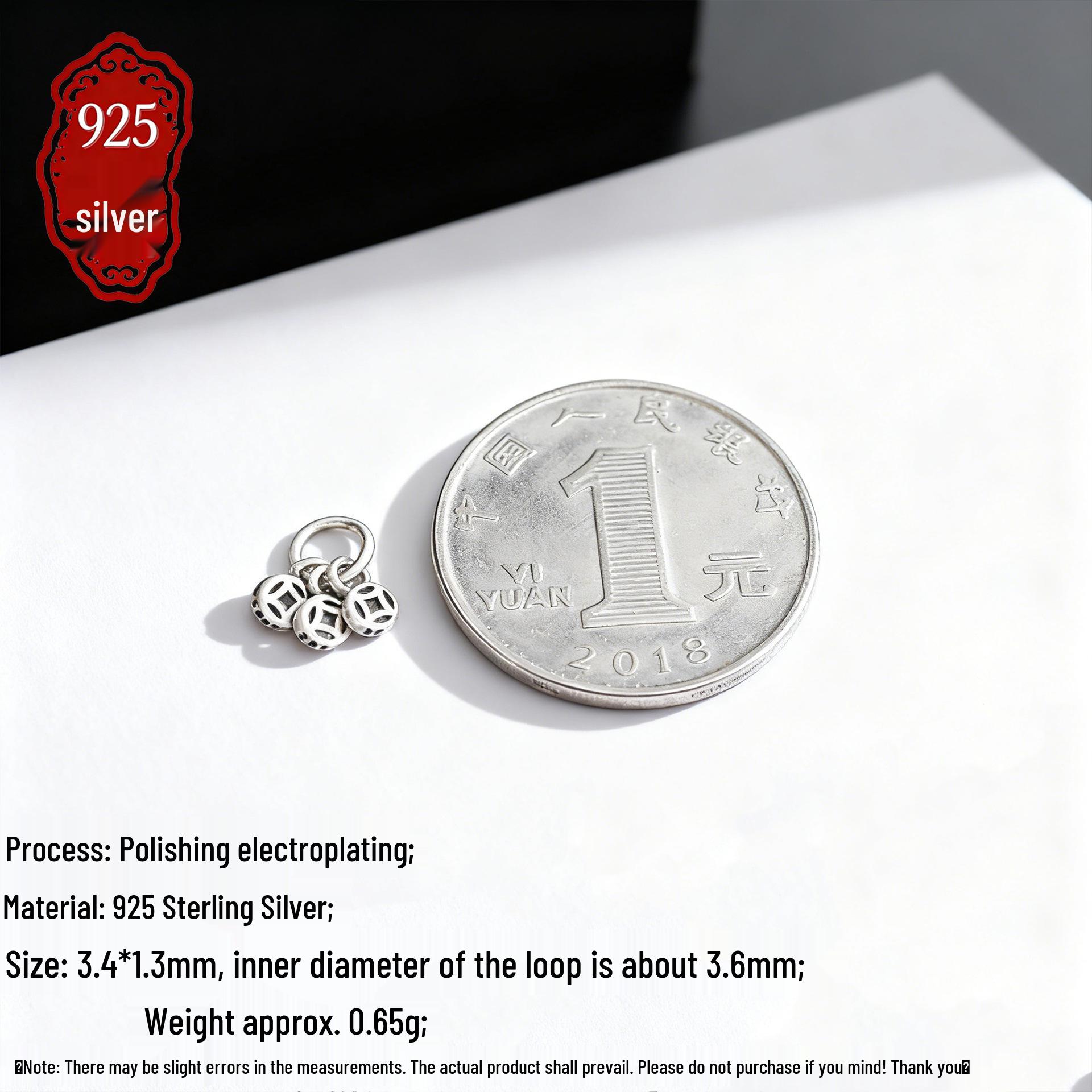 S925 Sterling Silver Tassel Pendant with Gold-Plated Copper Coin - DIY Braided Rope Bracelet Accessory S925 Silver; Single Price