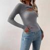 Women Elegant All-Season Ribbed Knit Sweater – Comfortable Crew Neck with Chic Cut-Out Detail, High-Stretch Polyester