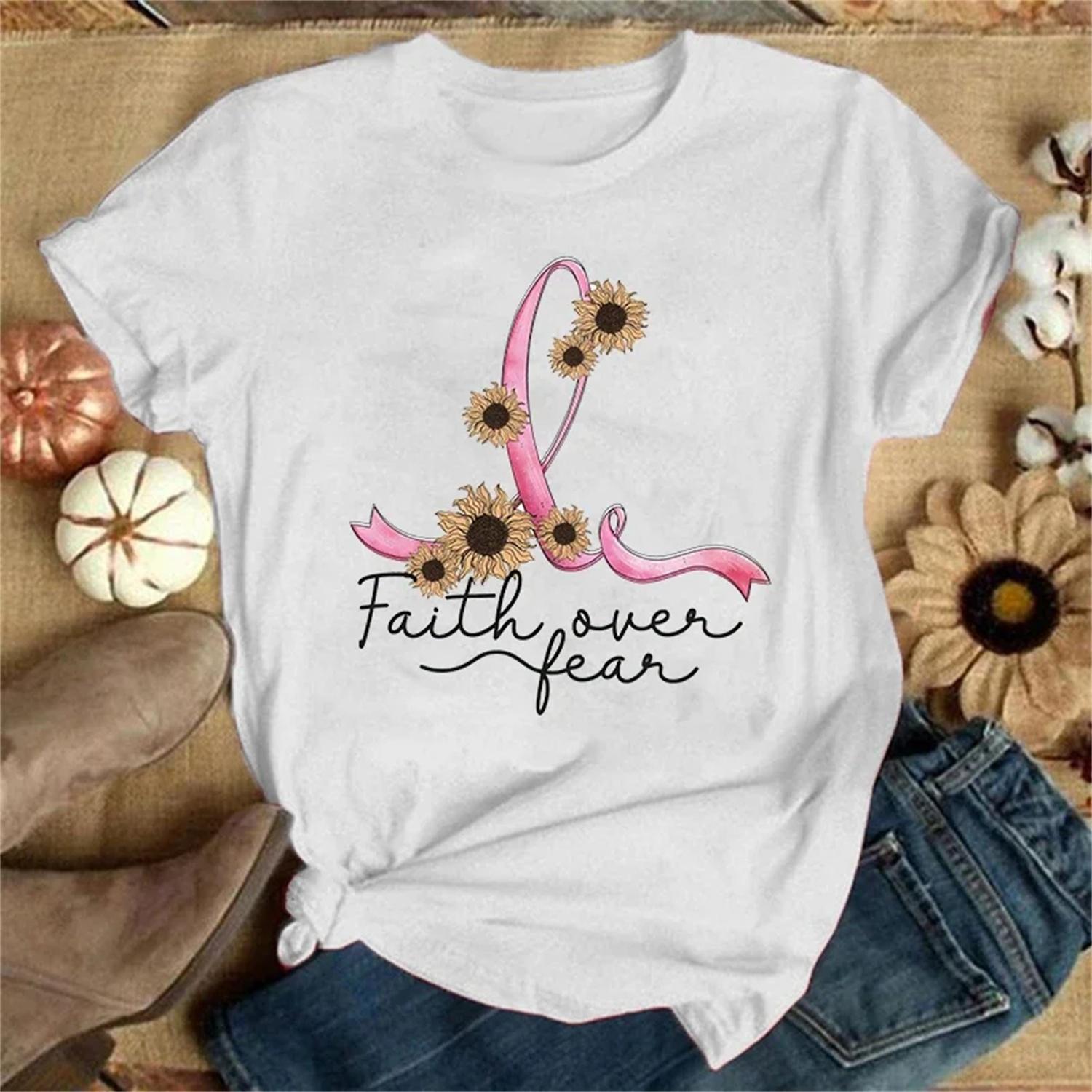Breast Cancer Print T-shirts For Women Summer Funny Round Neck Short Sleeve Casual T-shirts S