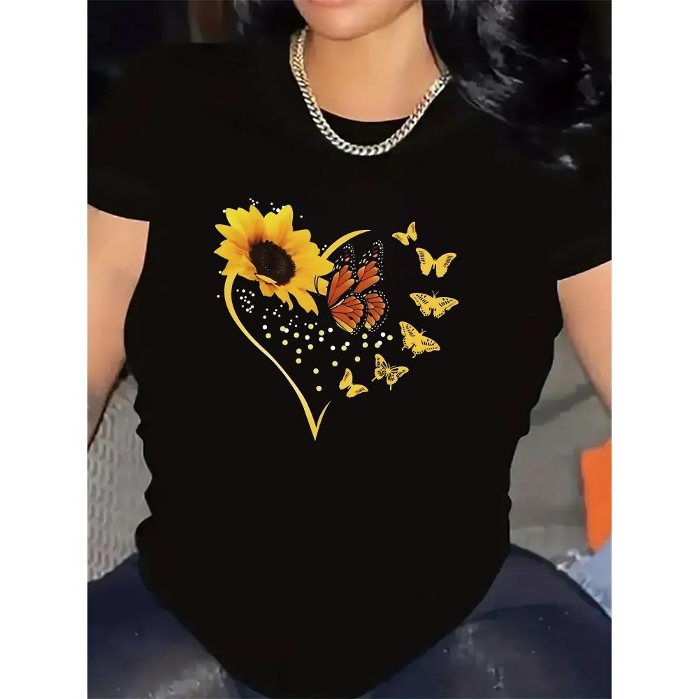 Short Sleeve T-Shirt with Sunflower and Butterfly Heart Design Summer Sleeved Harajuku Streetwear Tops Tees Aesthetic Clothes