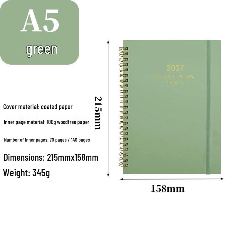 A5 Weekly Planner 2027 - Customizable Coil Schedule Notebook for Office & Study