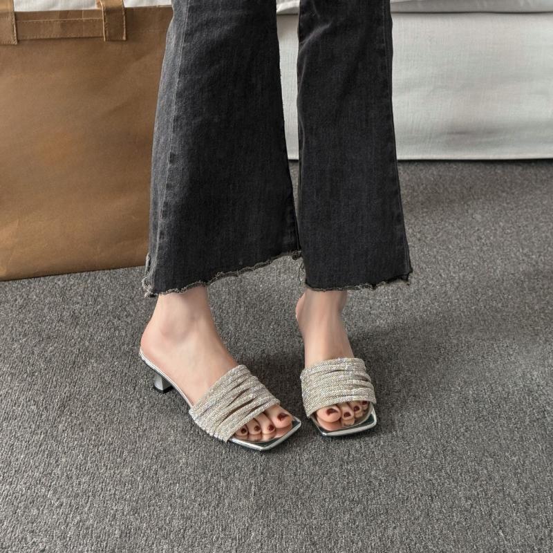 2026 French Style One-word Sandals Women's Fashion Slippers New Rhinestone Fine Belt Shaped Square Head Temperament High Heels