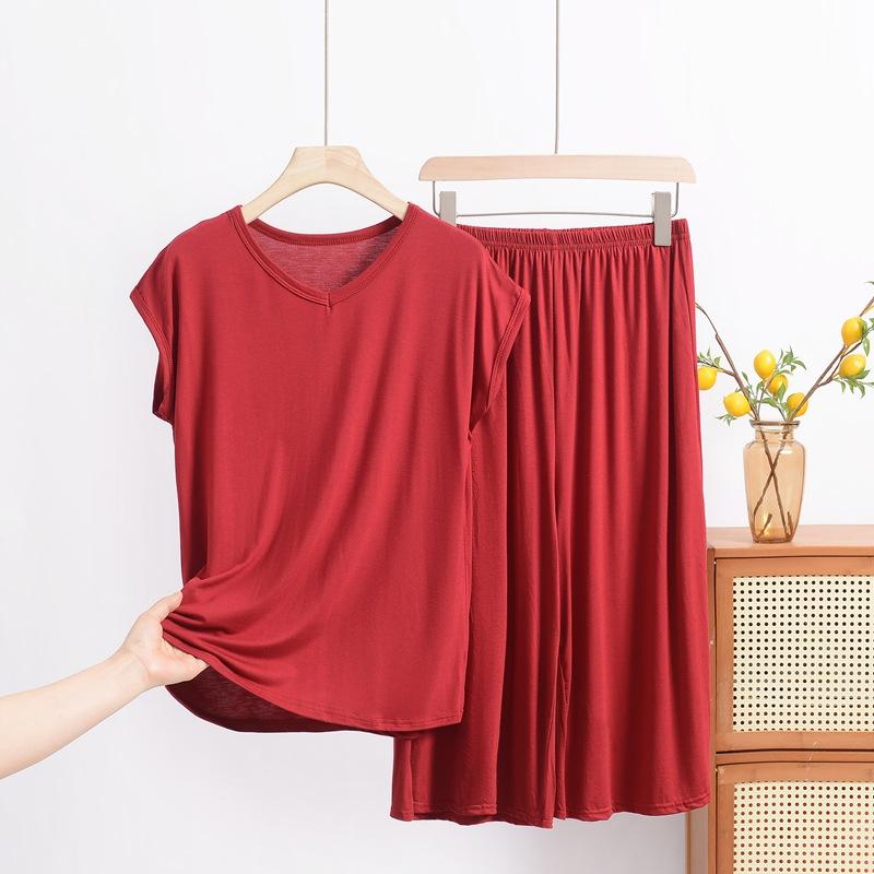 Modal V-Ausschnitt Kurzarm Caprihosen Set, Ein lockeres, übergroßes Freizeit-Zweiteiler-Set für Damen, Kann über Hauskleidung getragen werden