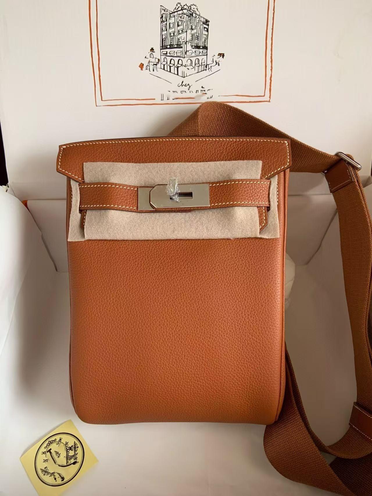 H Home Oberleder Rindsleder Togo Litschi-Muster Brusttasche 26 Stahlbeschläge Herren Damen Universell Leder Taille Diagonal Schulter 17 orange