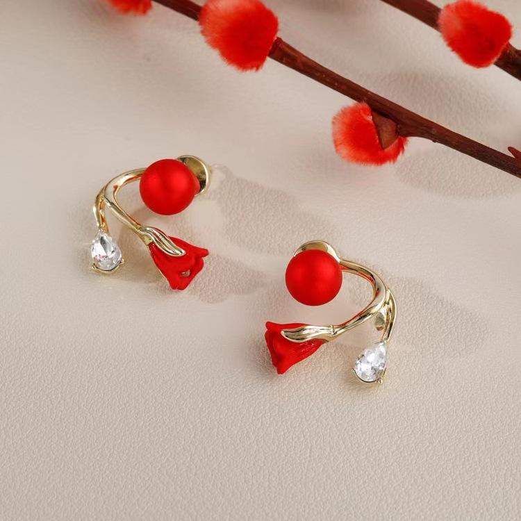 111 Silver Needles, a Multi-wear Red Tulip Earring Temperament New Rear-hanging Pearl Stud Earrings, Flower Earrings.