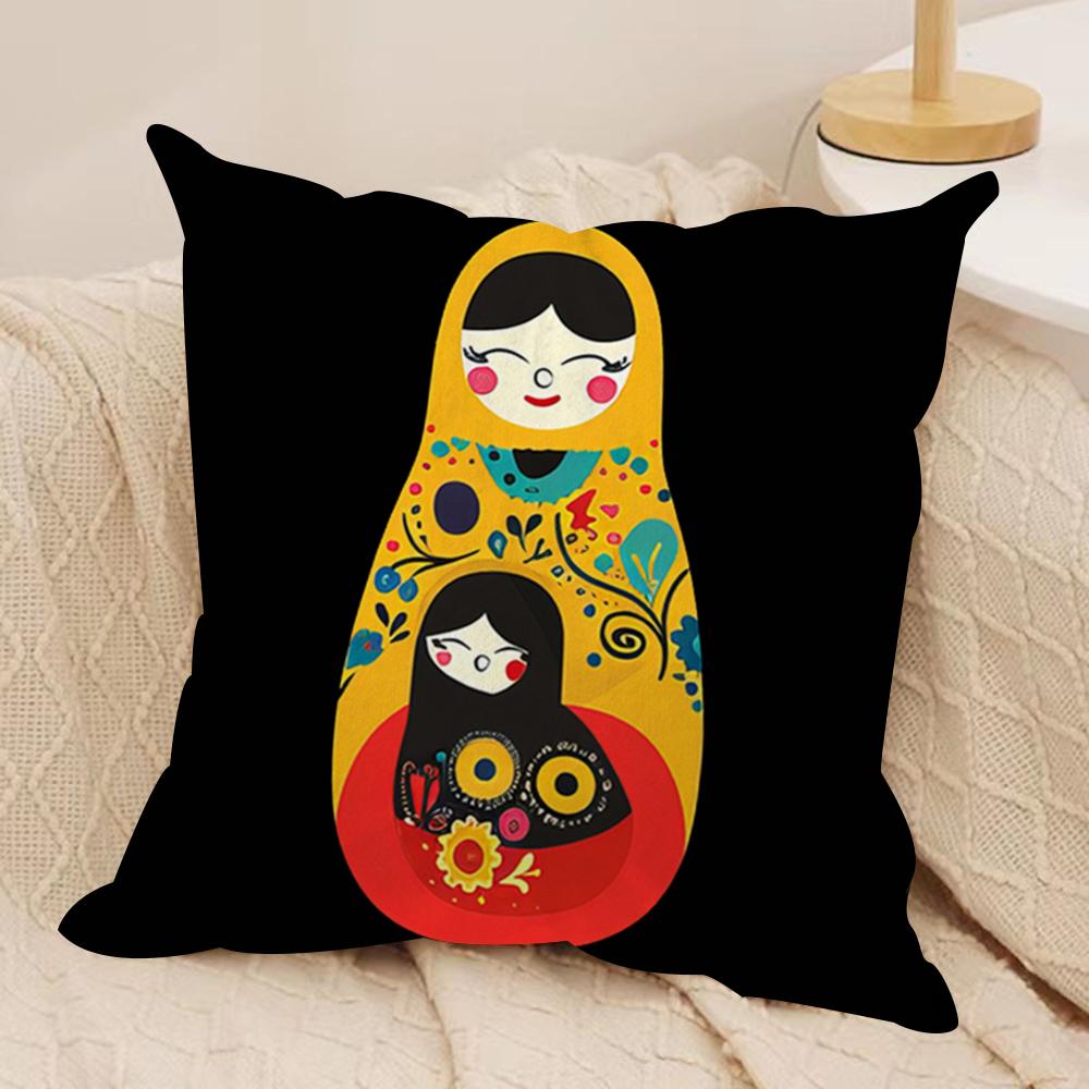 Matryoshka Doll Russia Cushion Cover Soft Plush Fabric Double-Sided Printed Sofa Cushion Cover for All Seasons Home Decor Gift