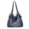 Borsa a Tote in Denim Retrò Estiva con Ricamo di Margherita e Croce Bordo Frangiato Borsa a Spalla in Denim Lavato Borsa a Mano Casual Spaziosa