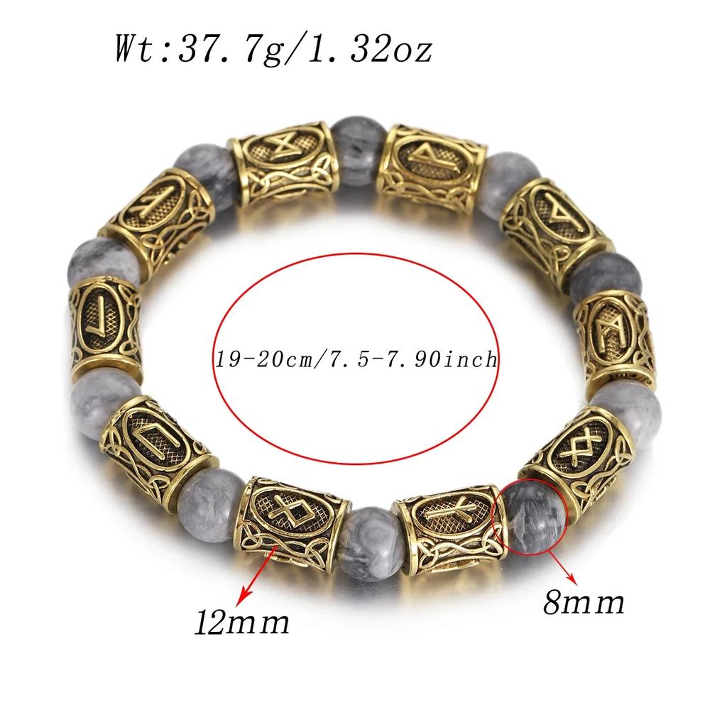 Vikingarunor Malakitarmband 8 mm Naturstenspärlor Rostfritt Stål Guldpläterat Armband för Män Smyckespresent