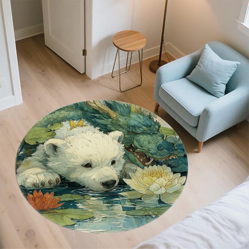 Pond Lotus Animals,Round Area Rug,Carpet Rug for Living Room Bedroom Sofa Playroom Decor,Non-slip Floor Mat