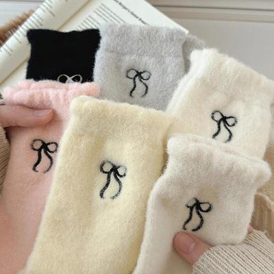 1/5pcs Cozy Hairy Mink Velvet Socks Bow Autumn Winter Hosiery Thickened Plush Socks Warm Sleep Home Fluffy Socks For Women