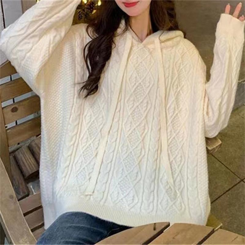 Kapuzenpullover mit verdrehten Streifen Damen Herbst und Winter Neue Mode Fauler Stil Lässiger Strickcardigan Lockere Damenbekleidung