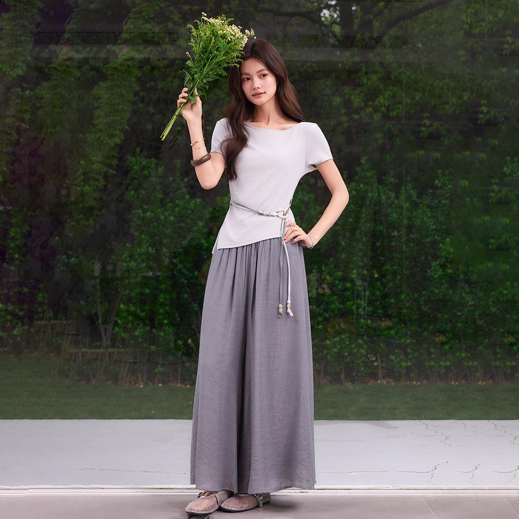 Elegant Commuter Set 2026 Summer New One Collar Split T-shirt Waist Drop Wide Leg Pants Two Piece Set for Women