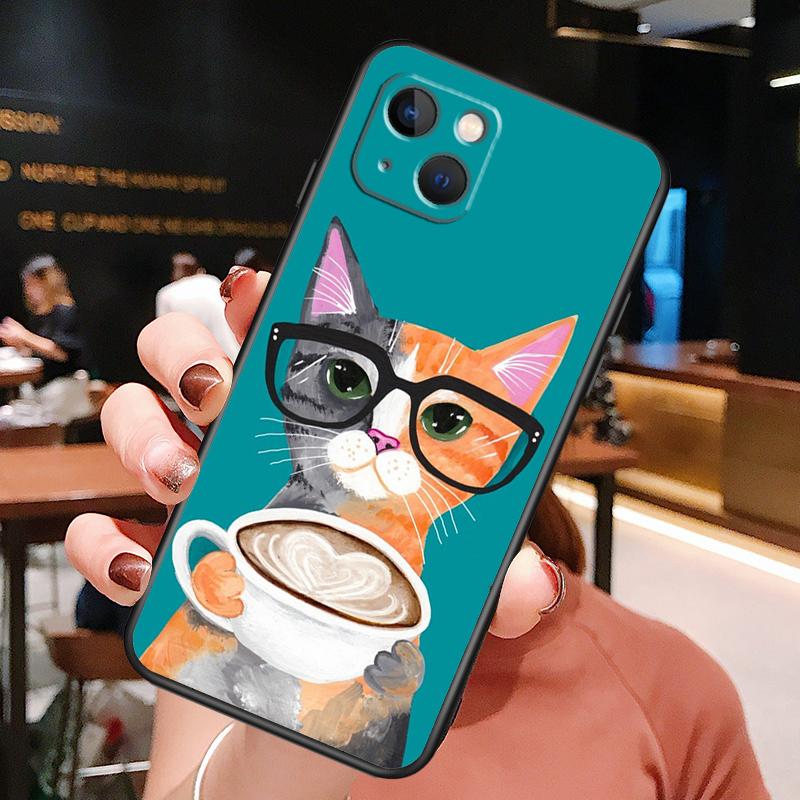 

Cute Animal Cat Coffee Phone Case For iPhone 16 Pro Max 15 14 13 12 11 Pro Max Plus 12 13 Mini XR 16e Funda Cover iPhone 14 Plus