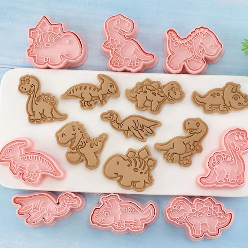 8Pcs Cookies Cutters Set Dinosaur Plastic Cartoon Pressable Biscuit Mold Confectionery Cookie Stamp Baking Pastry Bakeware Tools