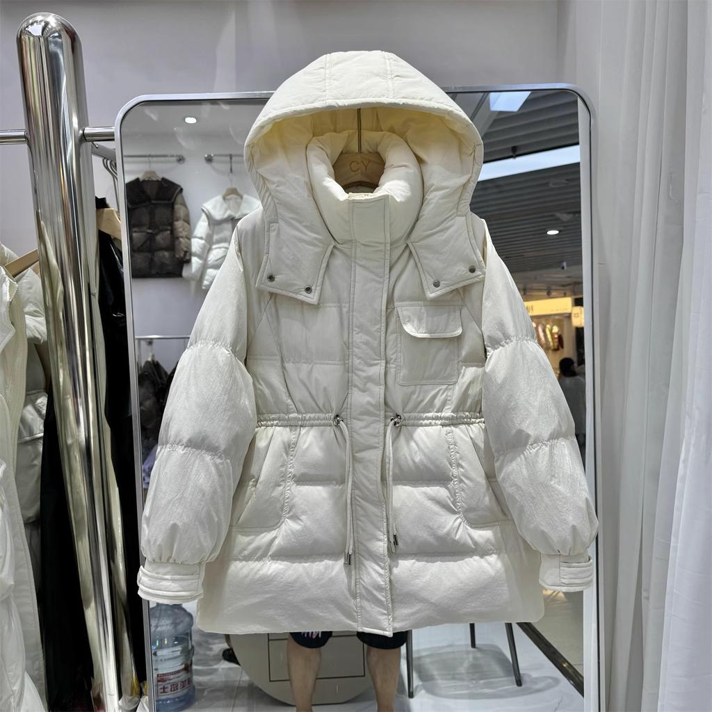 Autumn and winter new down jackets women's medium and long hooded waist drawstring thickened fashionable duck down warm jacket