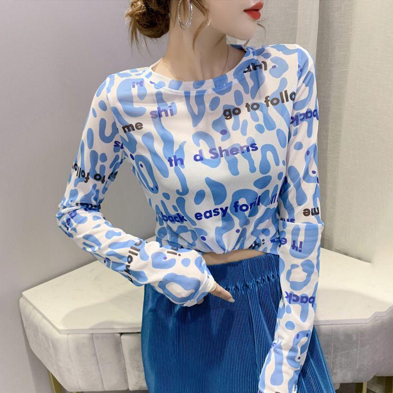 Letnia koszulka z cienkim siatkowym dołem i nadrukiem T-shirt damski z długim rękawem i dużym topem