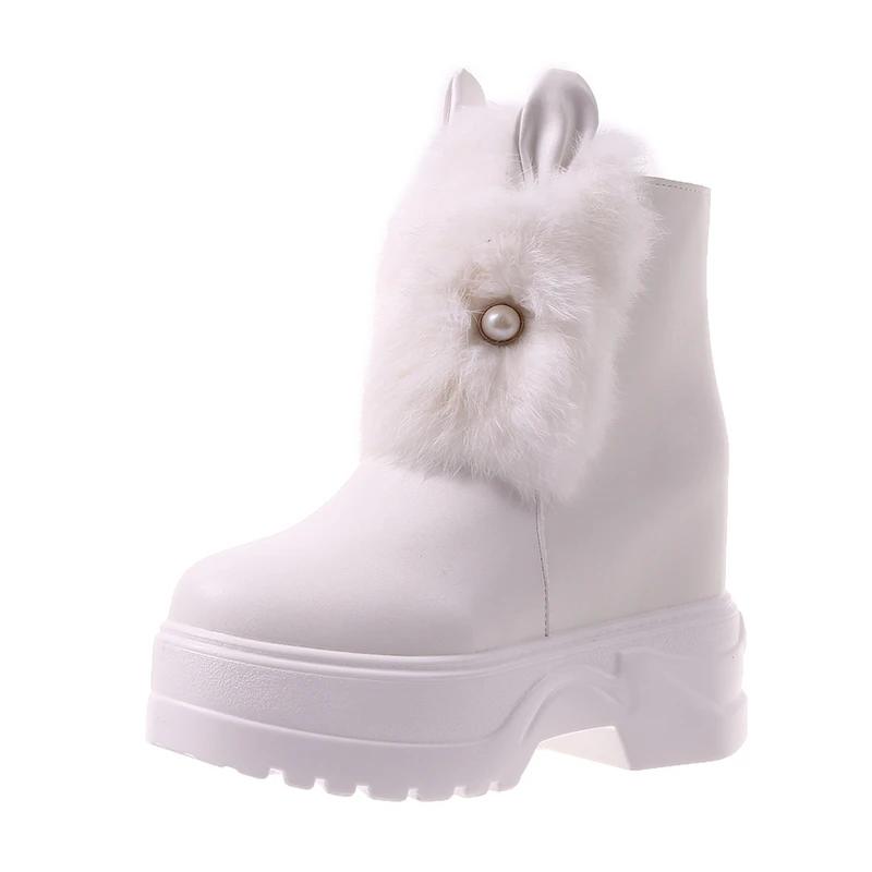 New Chunky Boots Women Rabbit Fur Waterproof High Platform Warm Sneakers Winter Leather Snow Boots 9.5CM Thick Sole Ankle Boots