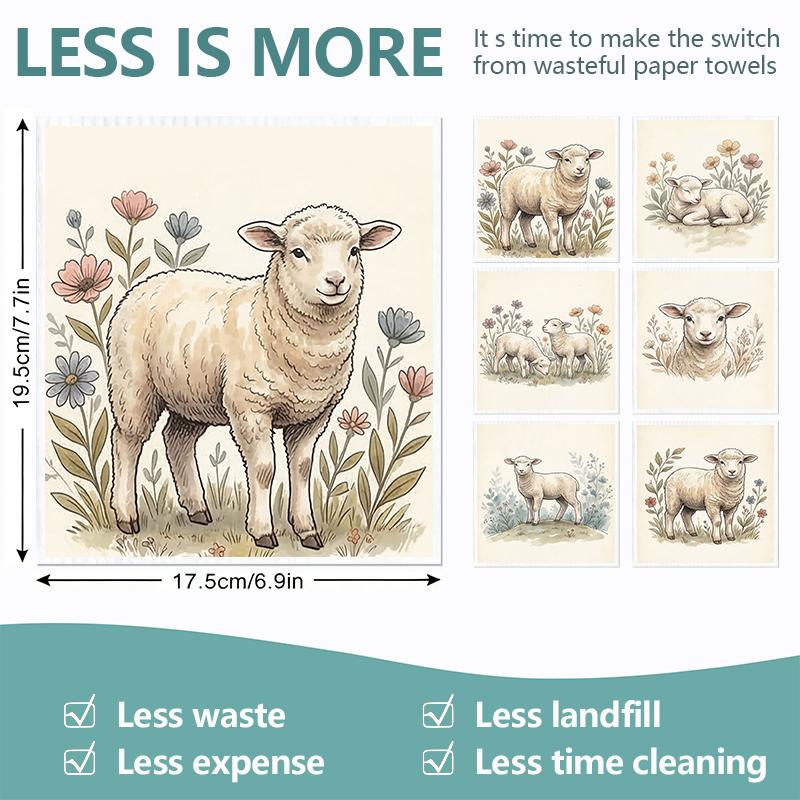 6PCS Kitchen Dishcloths Reusable Cleaning Dish Towels Absorbent Lint Free Cloth Washable Duster Rags Tea Towels Sheep Pattern Dishcloth