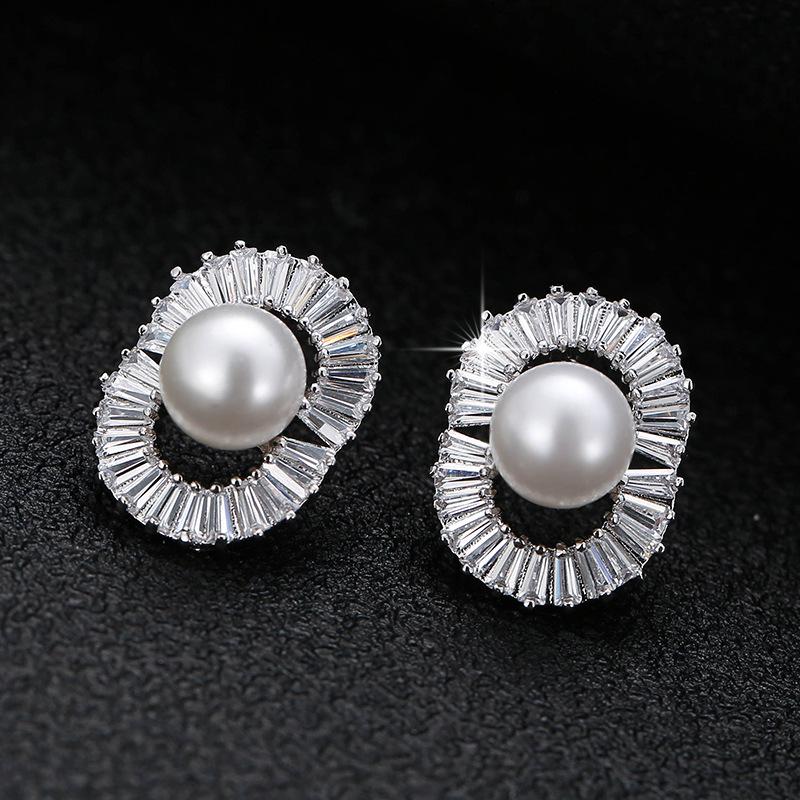 European and American Pearl  Oval Stone Inlaid Fashion Earrings for Women