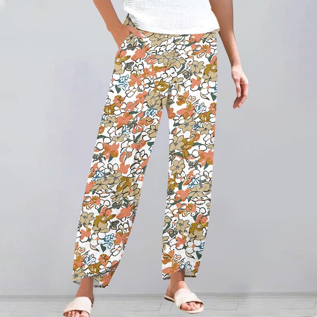 Pantaloni da donna estivi casual a gamba larga con elastico in vita e tasche