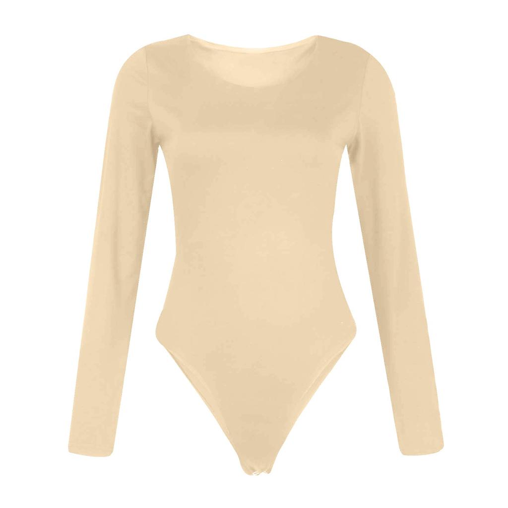 Women's Color Sexy Long Sleeve Racer Back Neck Sling Bodysuit Vest Jumpsuit