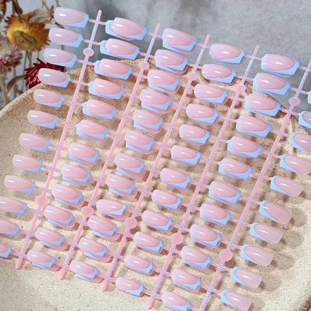 120Pcs Fashion White Edge Press On Nails Medium Length Square Shape Fake Nails Glossy Finish Nude Pink French Tip Nails