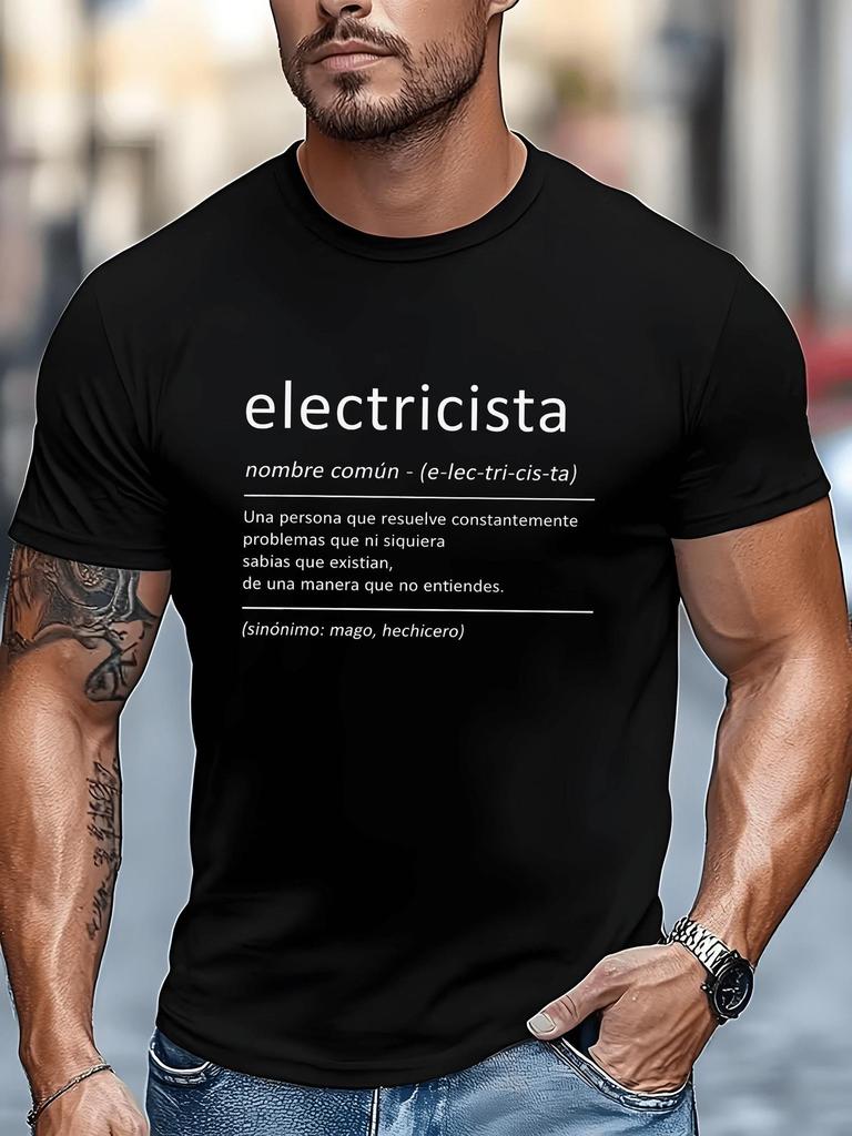 Men'S Outdoor Casual Sports T-Shirt, Featuring a Fun Electrician Design with Humorous Spanish Electrical Terms, Short Sleeve Round Neck, Suitable for