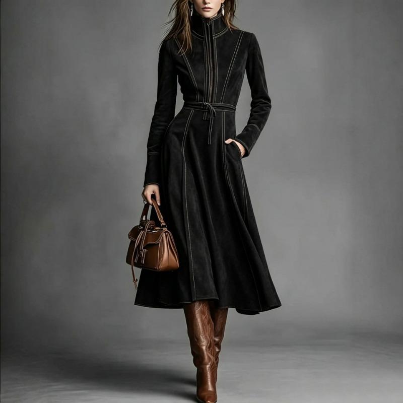 Elegante Vintage Suède Stof Lange Mouwen A-lijn Jurk Met Rits En Riem