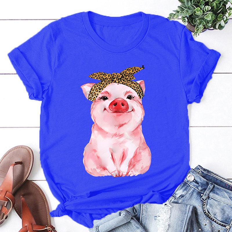 Cute Pig Print T-shirts For Women Summer Lovely Short Sleeve Round Neck T-shirts Ladies Creative Personalized Tops