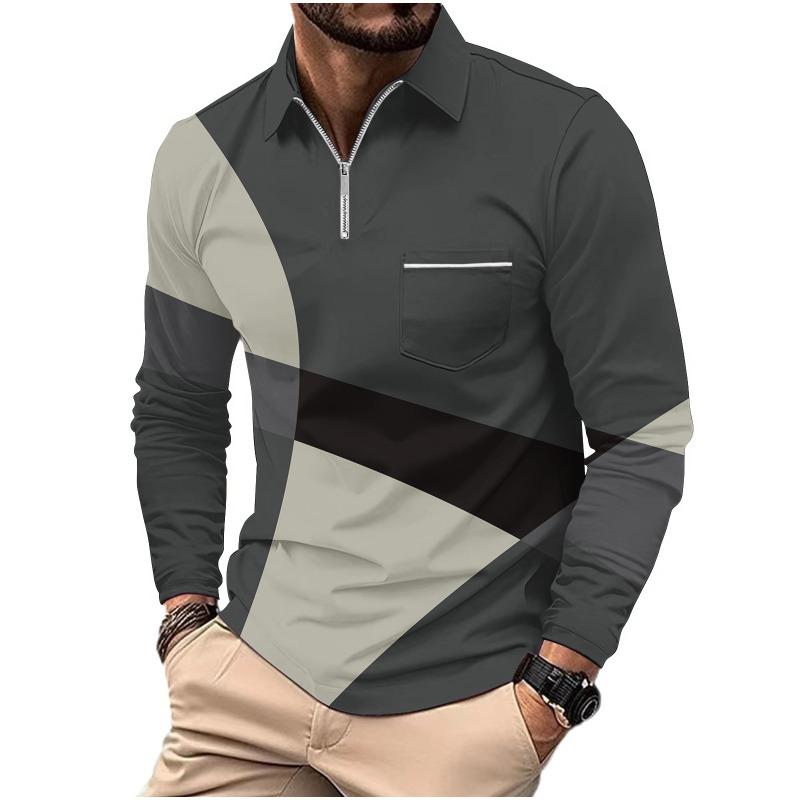 Men's Printed Polo Shirt with Zipper Pocket Sports Long Sleeved Polo Shirt