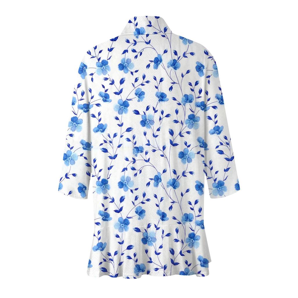 Damska codzienna, codzienna, krótka bluzka z rękawami, dekoltem w serek, modna, drukowana koszula, miękki, falbaniasty kardigan