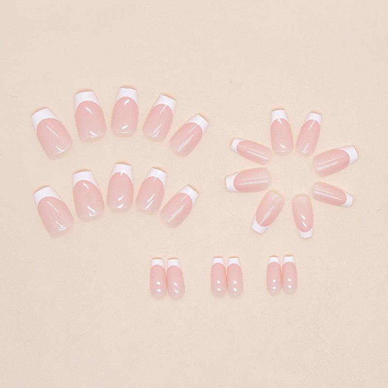 24pcs Short Coffin Shaped Simple Solid Color French Wearable False Nails French Tip Press On Nails Supplies